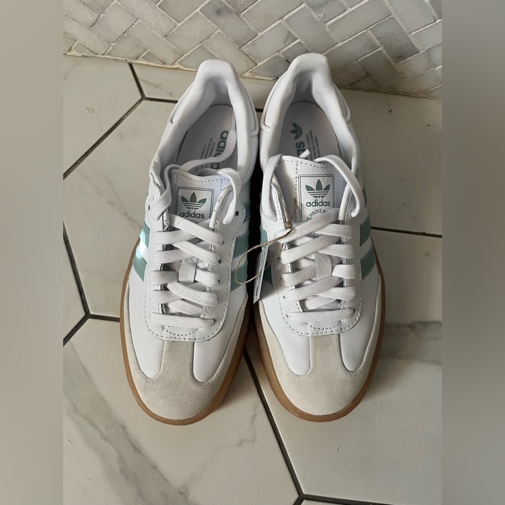 Adidas Women’s Samba White and Teal Sneakers with Gum Sole - Picture 3 of 9